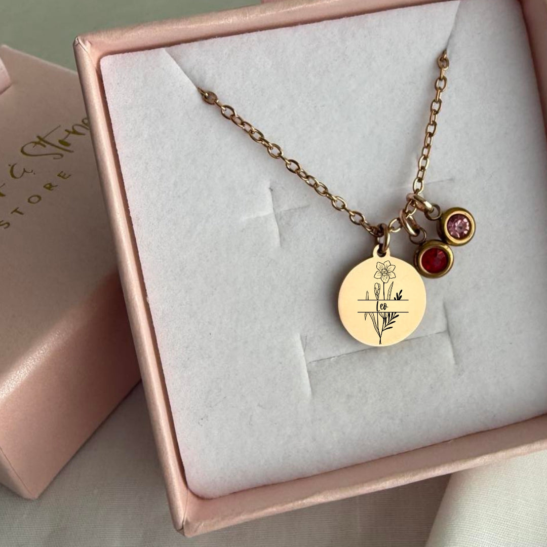 Birth flower split with name necklace