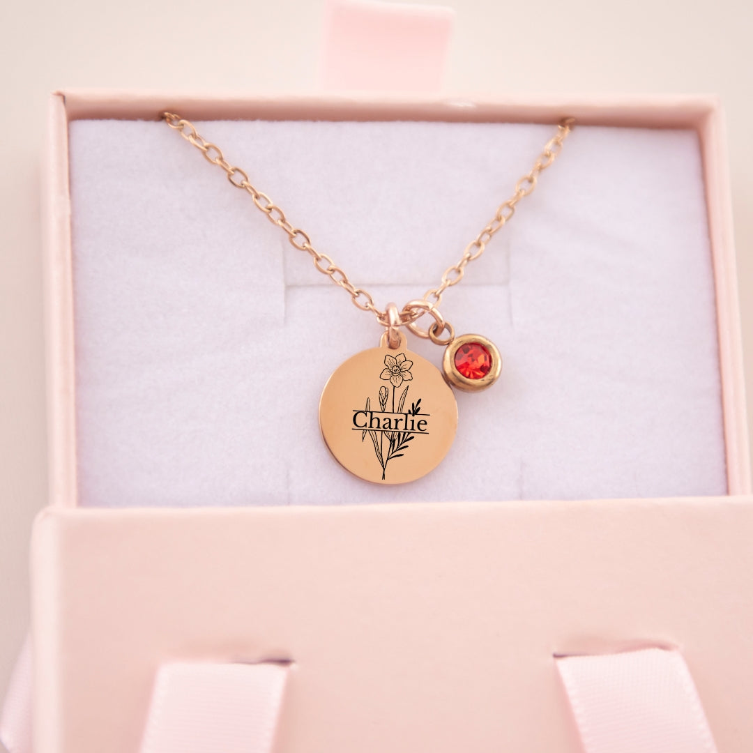 Birth flower split with name necklace