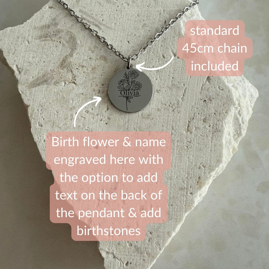 Birth flower split with name necklace