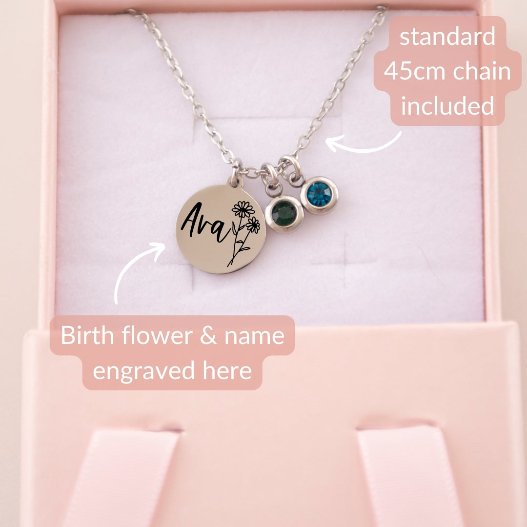 Birth flower and name necklace