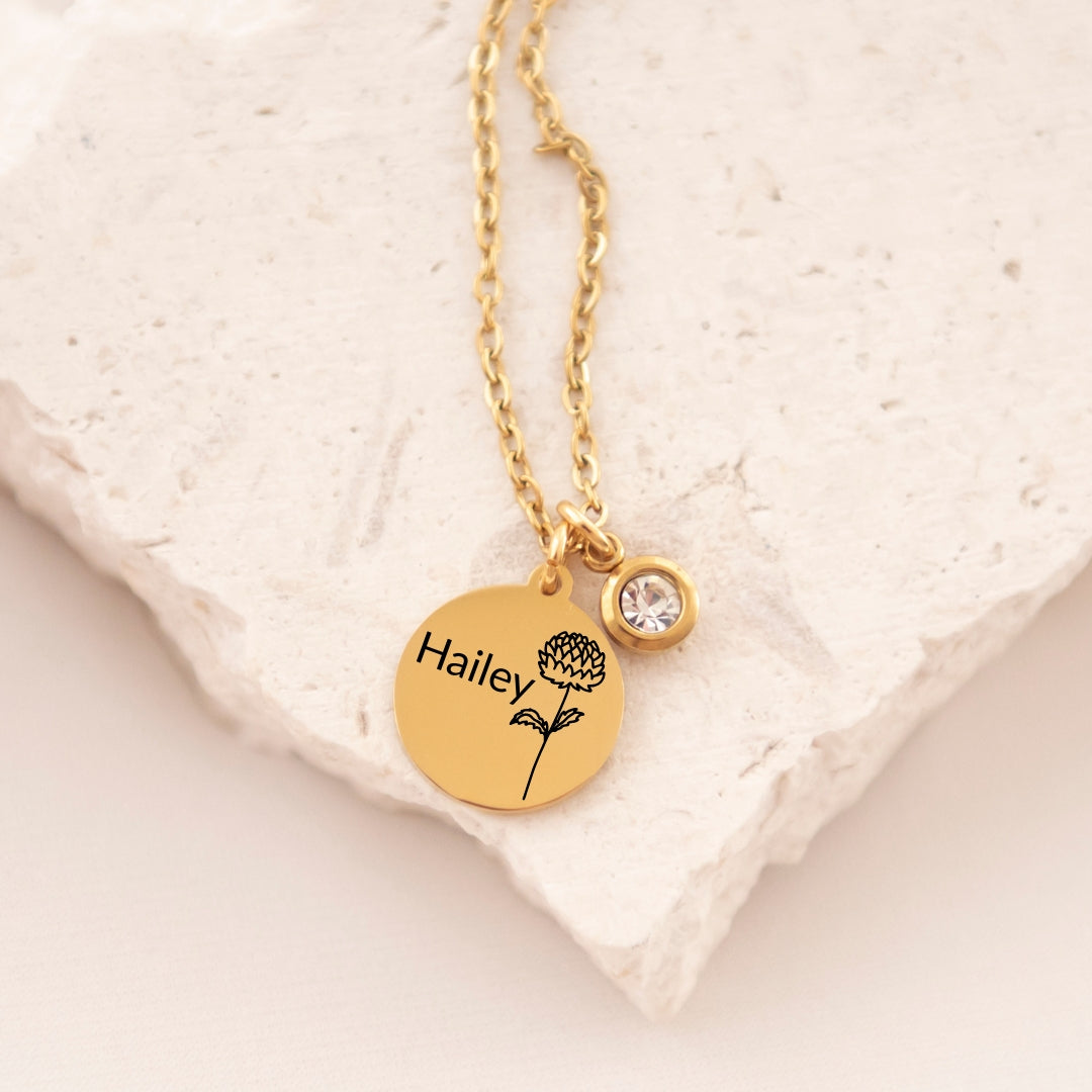 Birth flower and name necklace