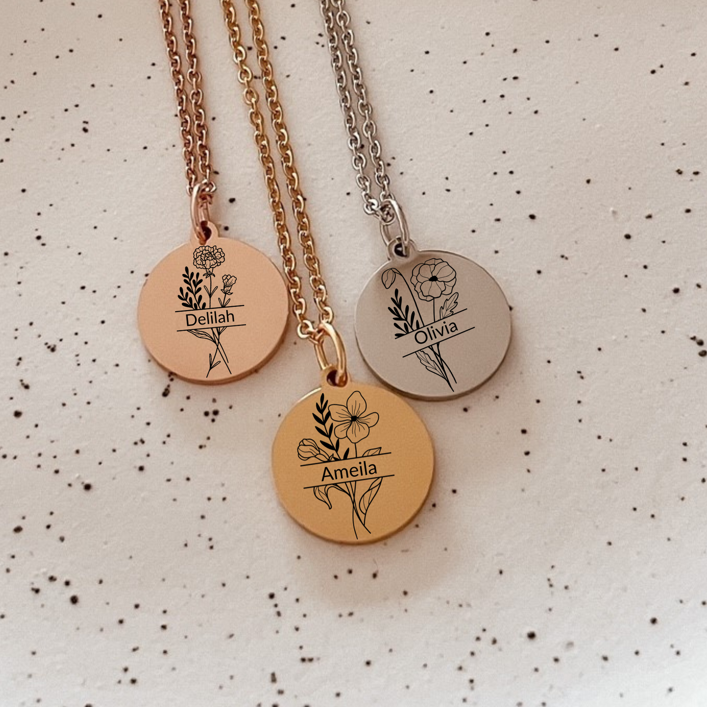 Birth flower split with name necklace
