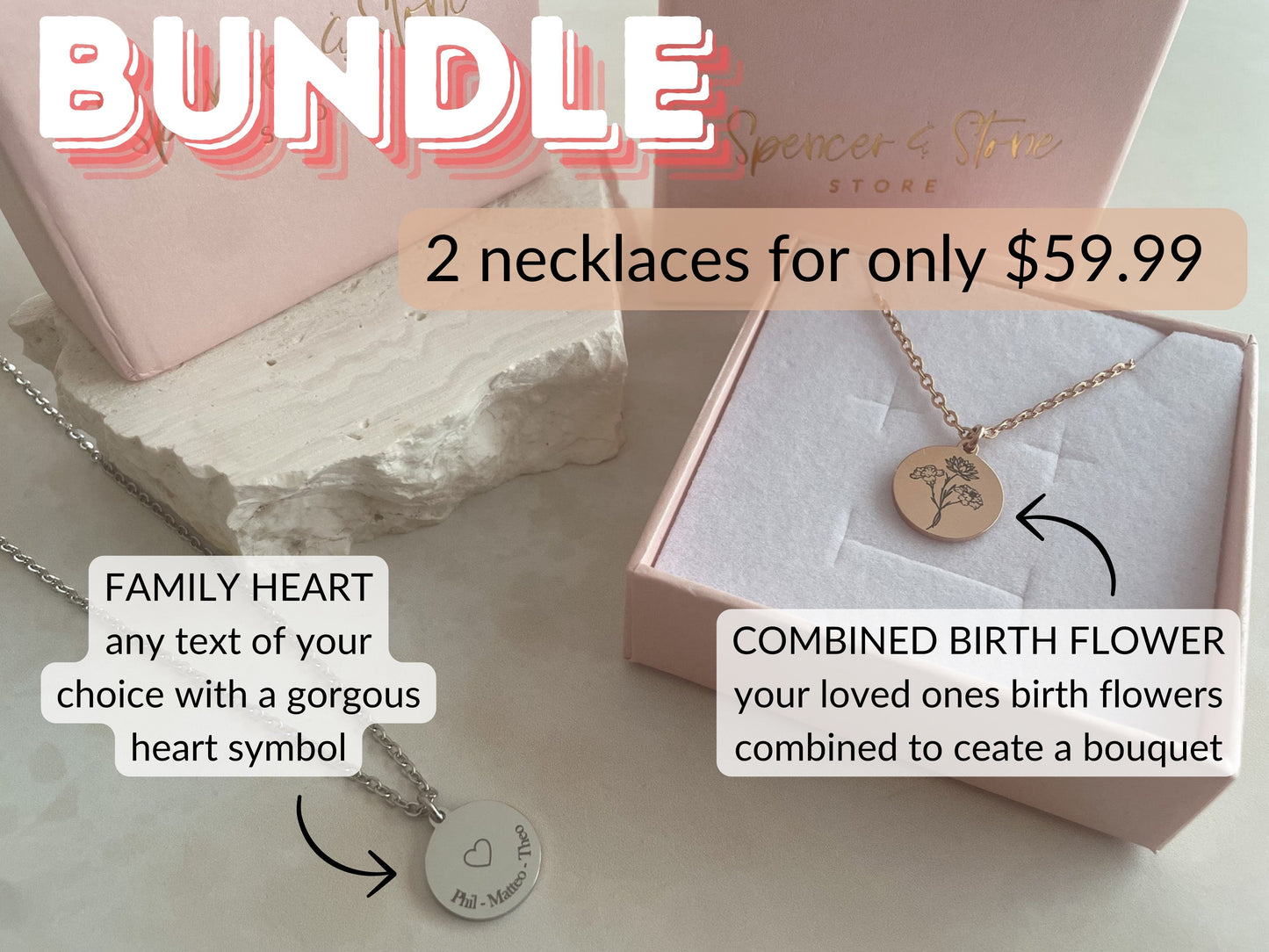 BUNDLE - Combined birth flower necklace AND Family heart necklace